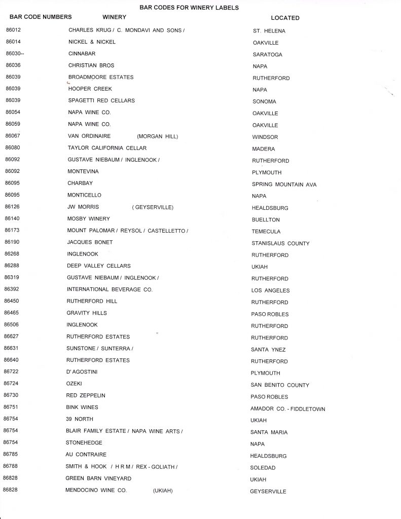 Bar Code List - Wine Label Collection, Library